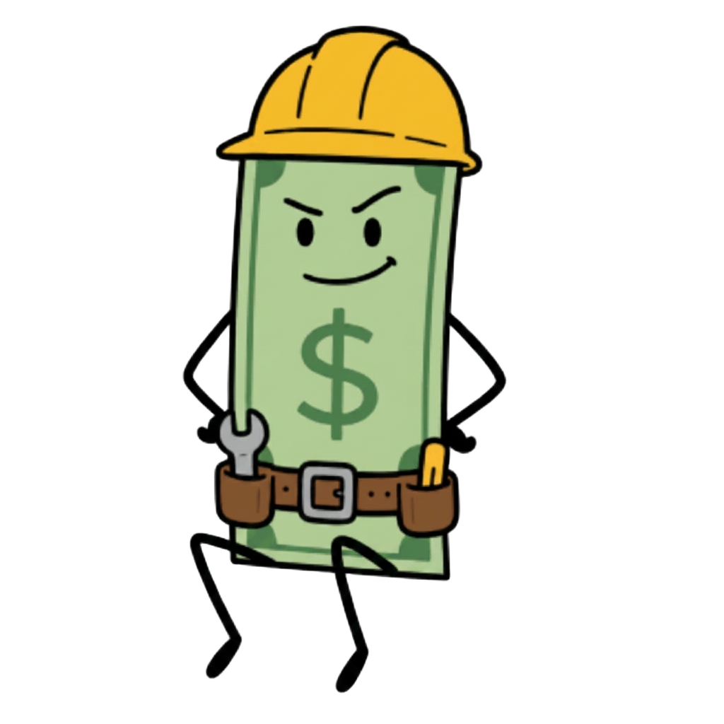 Contractor Cash mascot sitting on the live on jobsites card